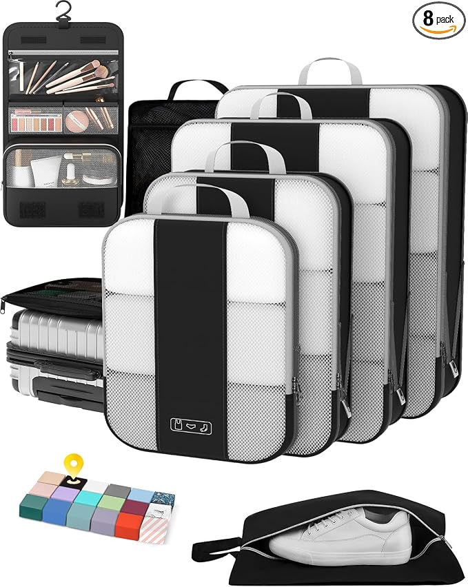 OlarHike 8 Set Compression Packing Cubes for Travel Essentials,Compressible Expandable Space Saver Bags for Organizing Clothes,Luggage Suitcase Garment Bags with Over 1000 pcs Mesh Holes(Black) by OlarHike