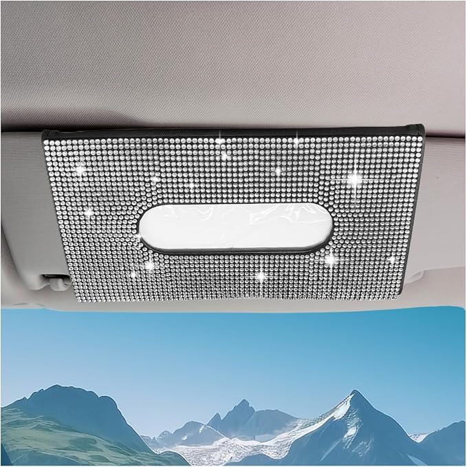 Bling Car Sun Visor Tissue Box Holder, PU Leather Auto Paper Towel Cover, Glitter Crystal Rhinestone Napkin Holder, Car Decoration Accessories for Women (Black/White) by Unknown