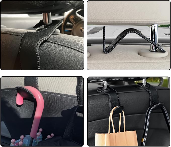 Car Headrest Hooks, 2 Pack Leather Car Purse Holder, Car Back Seat Organizer for Purse Coats Umbrellas Groceries - Image 5