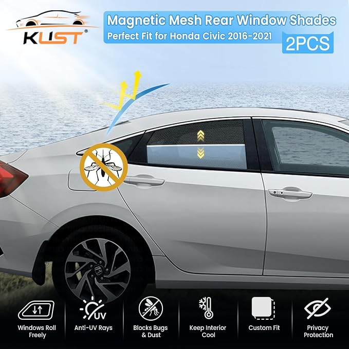 KUST Car Window Shades for 2016-2021 Honda Civic Sedan Accessories, Breathable Mesh Magnetic Window Covers, Rear Back Side Window Sun Shades UV Block Privacy Protection for Baby Camping Napping 2PCS - Image 2