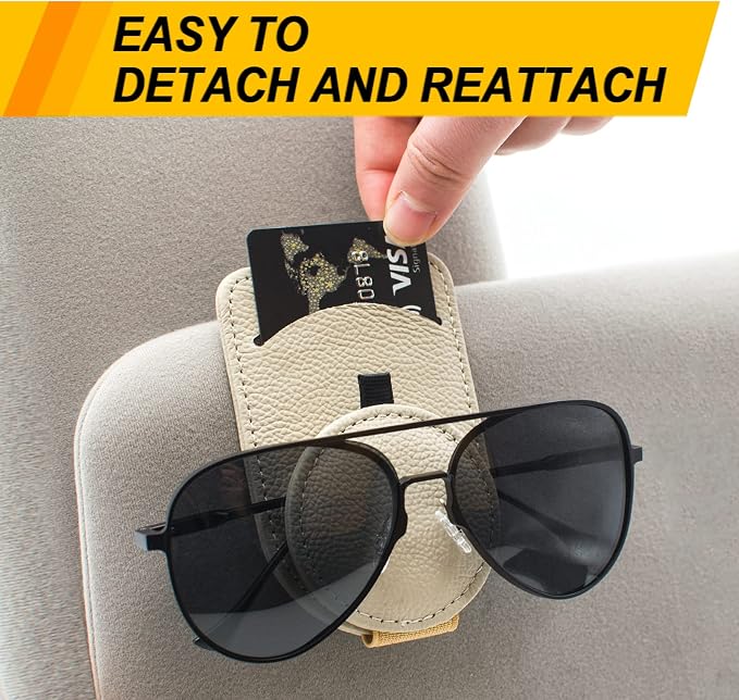 Sunglass Holder for Car Visor, Magnet Adsorbed Sunglasses Holder for Car Accessories Parts, Leather Car Sunglass Holder, Car Visor Sunglasses Clip for Glasses Cards (2PCS, Beige) - Image 2