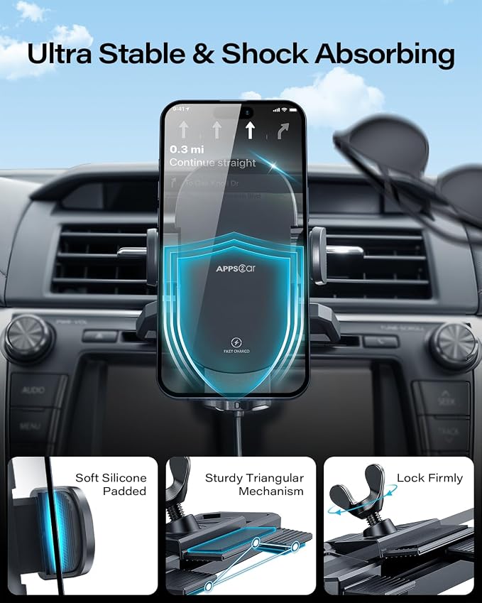 APPS2Car Sturdy CD Slot Phone Mount with Upgraded Wireless Charger | One Hand Operation, Hands-Free Car Phone Holder Compatible with iPhone 17 Pro Max Plus 16 15 14 13 12 11, Samsung S25 S24 S23 - Image 3