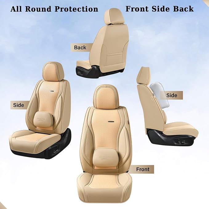 Coverado Seat Covers, Car Seat Covers Front Seats, Waterproof Nappa Leather Auto Seat Cover with Lumbar Head Pillow, Beige Seat Covers Carseat Cover Universal Fit for Most Cars - Image 3
