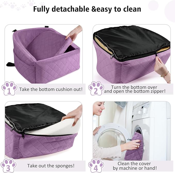 NEEZUKAR Dog Car Seat for Small Medium Dogs,Detachable Washable Dog Booster Seat Under 30lbs, Pet Car Seats Travel Bed with Storage Pockets and Safety Belt (Purple) - Image 5