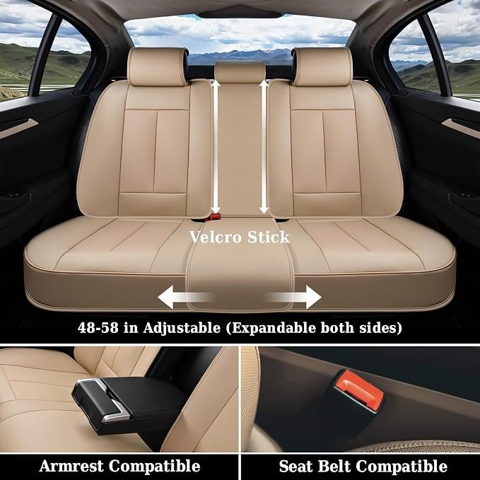 Coverado Car Seat Covers Full Set, Premium Nappa Leather Seat Covers for Car, Waterproof Car Seat Protector with Lumbar Support, Automotive Seat Covers Universal Fit for Most Cars SUV Truck(Beige) - Image 4