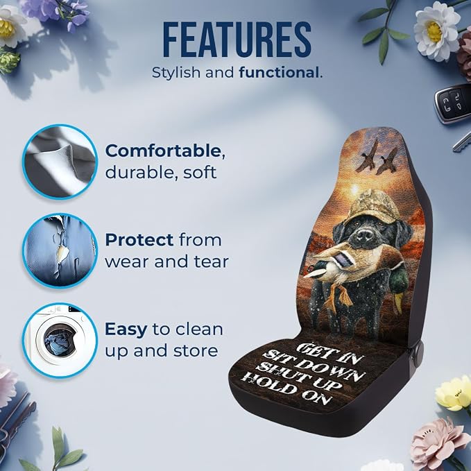 GENANY Duck Hunting Dog Car Seat Covers, 2-Piece Front Seat Set | 2-piece polyester front seat cover set, each 49.5 x 19.6 inches, with adjustable straps and hooks - Image 5
