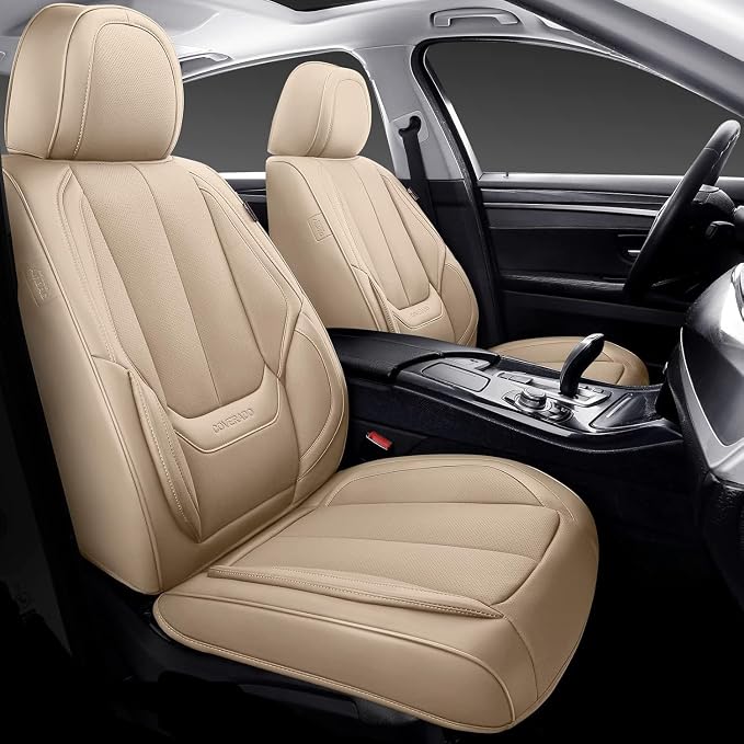Coverado Car Seat Covers Full Set, Car Seat Protector Waterproof, Nappa Leather Car Seat Cushion, Beige Seat Covers for Cars, Front Seats and Back Universal Fit for Most Cars - Image 7