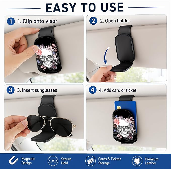 Leather Magnetic Sunglass Holder for Car Sun Visor, Cute Eyeglass Ticket Card Hanger Clip, Universal Auto Interior Accessories for SUV Pickup Truck, Skull Floral - Image 5