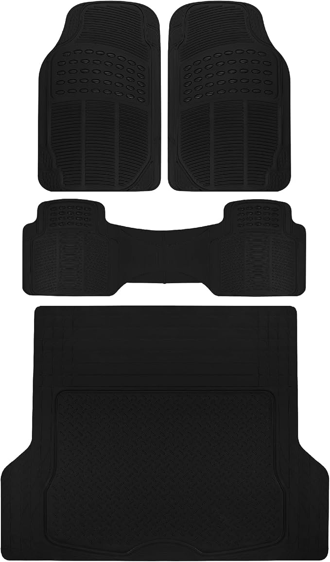 BDK Proliner All Weather Rubber Auto Floor Mats and Trunk Cargo Liner - Trim to FIt Front & Rear Heavy Duty Set Fit for Car SUV Van and Truck, 4 Piece, Black by BDK