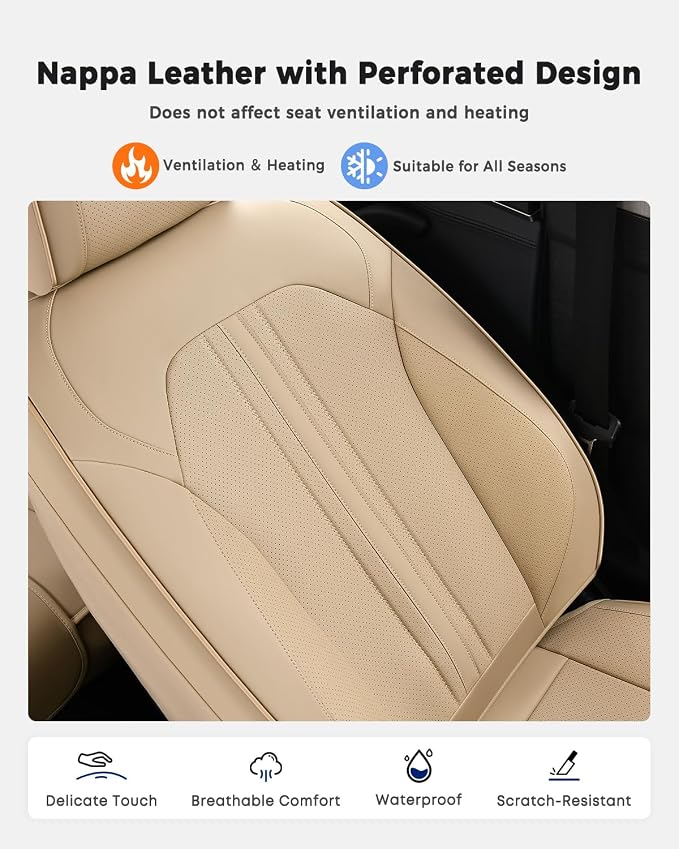 Huidasource Beige Seat Covers, Luxury Faux Leather Car Seat Cover, Velcro Adjustable, with Airbags, Seat Belts, Thinning Design Perforation Cooling＆Heating Fit for Most Cars, Vans, Trucks, SUVs, Beige - Image 6