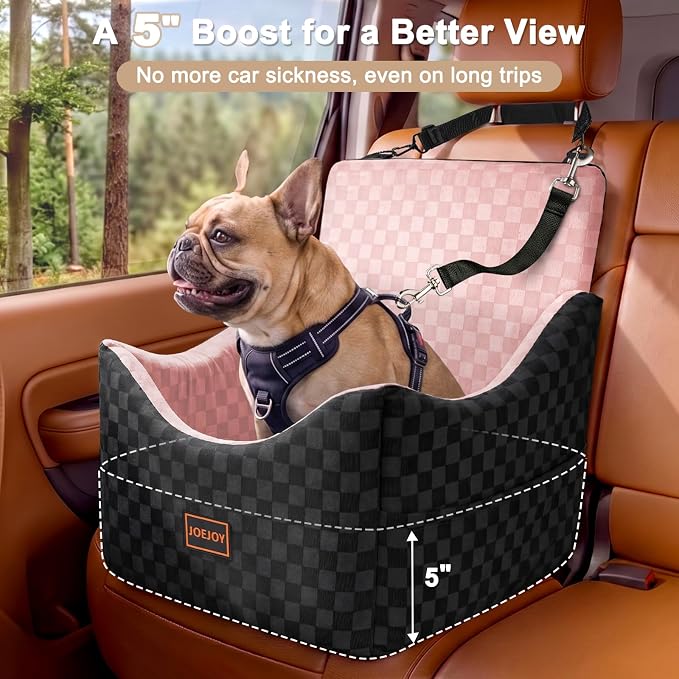 JOEJOY Elevated Dog Car Seat for Small/Medium Dogs up to 35 lbs, Memory Foam Booster Seat with Detachable Washable Cover, Travel-Safe Car Bed with Safety Belts & Storage Pockets, Pink - Image 2