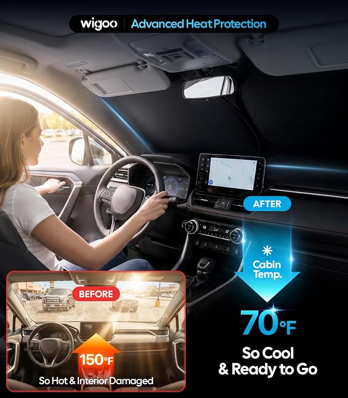 Wigoo Windshield Sunshade X-Large(69"x38") | Better Coverage with Adjustable Center, 100% Light Blocking, Cooling Tech Durable Fabric, Includes Storage Bag, Odor-free - Image 2