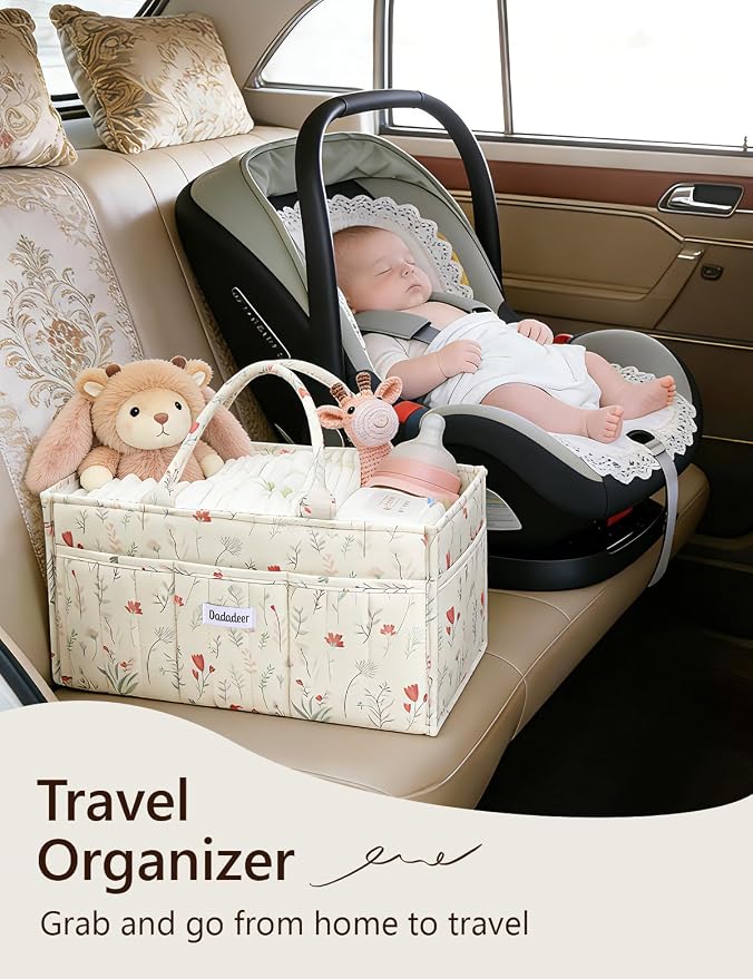 Quilted Floral Diaper Caddy Organizer, Nursery Storage Basket with Dividers | Waterproof Caddy with Sturdy Handles, Portable for Changing Table or Car, Newborn Essentials, Baby Shower Gifts - Image 5
