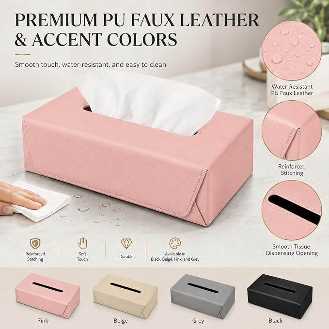 Car Tissue Holder with Magnetic & Strap Mount, Pink, 1 Pack | PU Faux Leather, For Sun Visor, Seat Back, Console, Refrigerator, Fits Standard Tissue Packs - Image 8