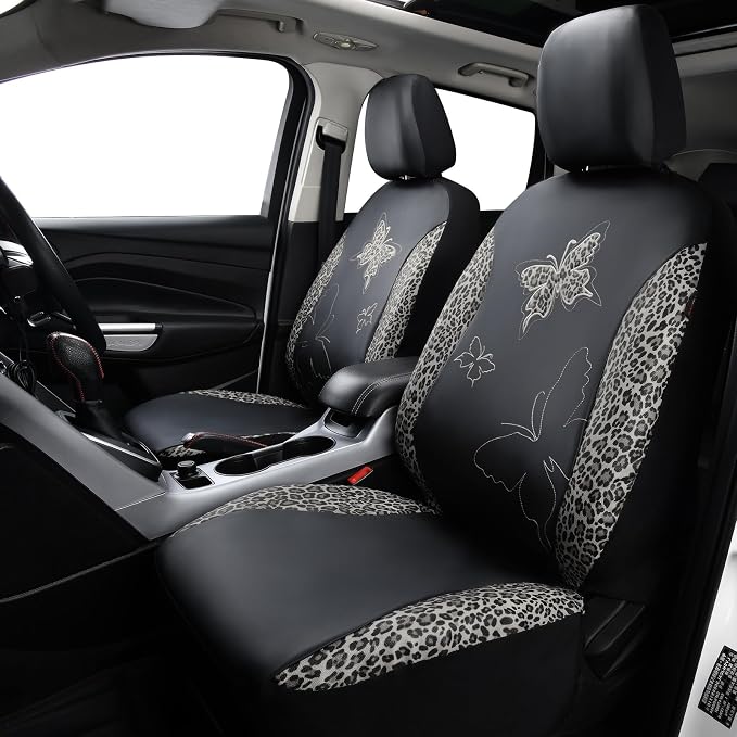 Flying Banner Butterfly car seat Covers ful Set Fashion Universal Lady Woman Female Rear Bench Split Colorized (Full Set - Faux Leather, Leopard Gray) - Image 2