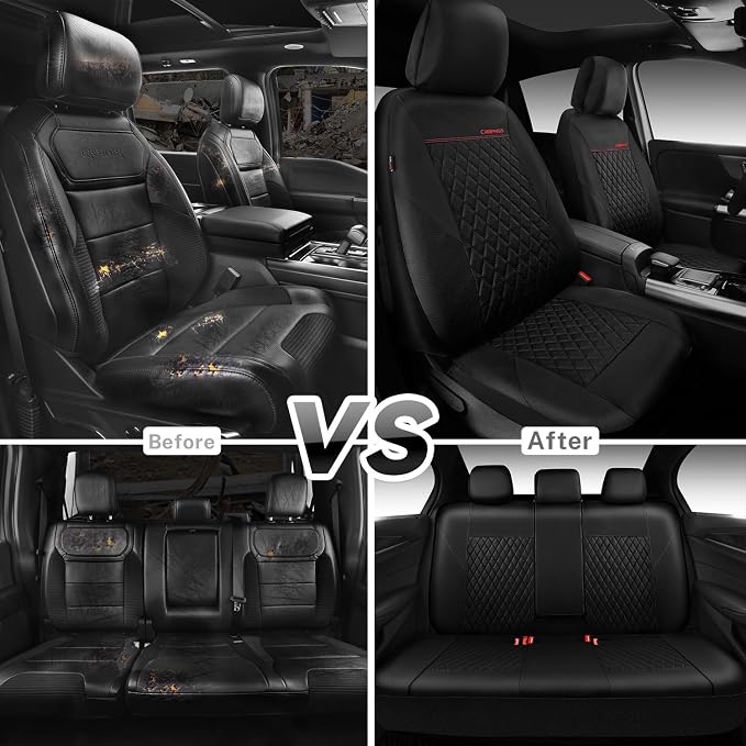CAR PASS Quilting Faux Leather Seat Covers Full Set, Waterproof Black | Deluxe Premium Seat Cover with 5mm Composite Sponge Inside, Airbag Compatible Auto Seat Cover Universal Fit for Sedan SUV Van - Image 5