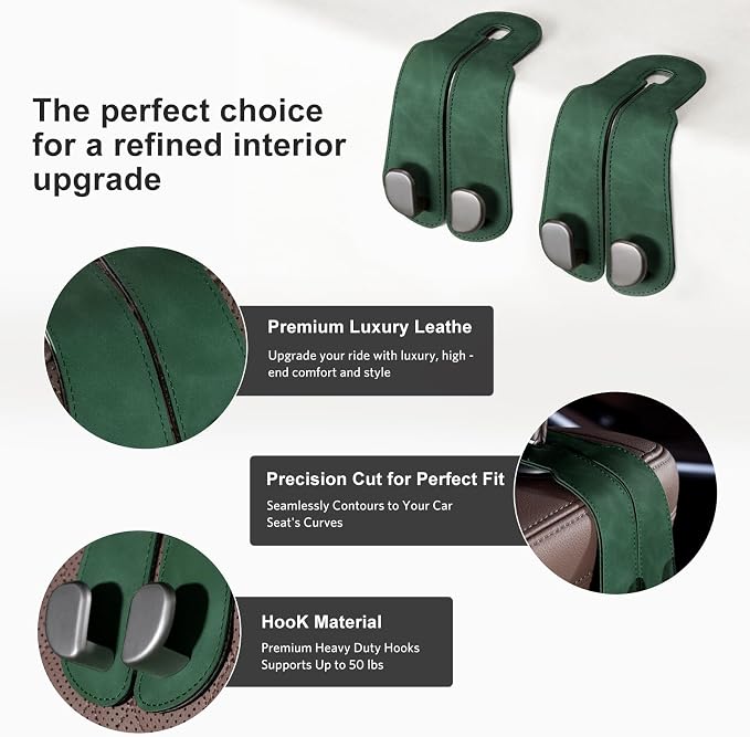 CoBak Purse Hook for Car - Universal Premium Stitched Leather and Aluminum-Magnesium Alloy Double Car Seat Back Storage Hook for Purses, Handbags, Bags (2 Pack),Emerald - Image 2