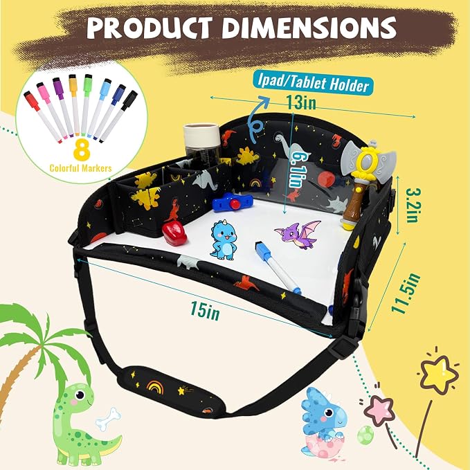 Kids Travel Tray for Car Seat, Toddler Car Seat Activity Tray, Kids Carseat Lap Table, Road Trip Essentials for Airplane, Lap Desk for Kid Roadtrip Activities, Cosmic Dino - Image 6