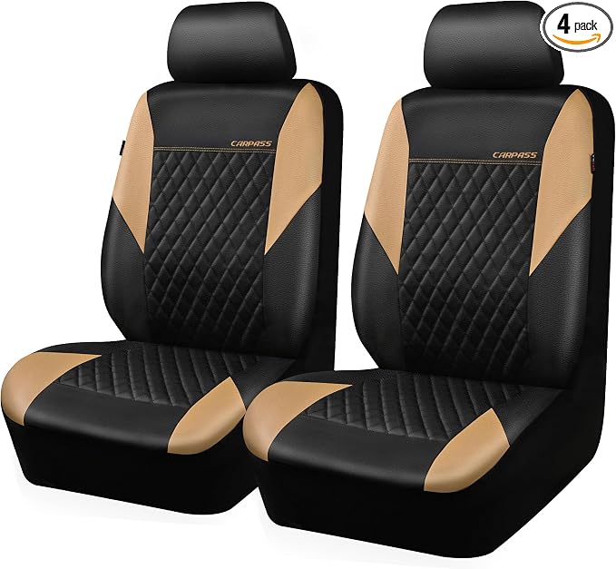 CAR PASS Quilting Leather Front Seat Covers, Automotive Waterproof Deluxe PU Premium Vinyl Luxury Two Front Seats Only Universal Fit for Cars Sedans SUVs Airbag Compatible,2 Pieces,Black&Beige by CARPASS