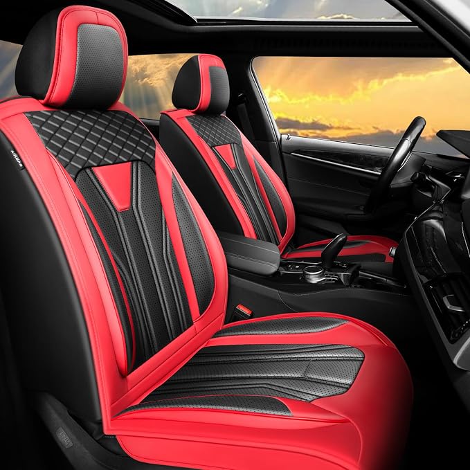 Fit Sentra Car Seat Covers Premium Leather for Nissan Sentra 2008-2025 2026. Waterproof， Breathable, Scratch-Resistant & All-Weather Seat Cushion Protector（Full Set,Red&Black by Unknown