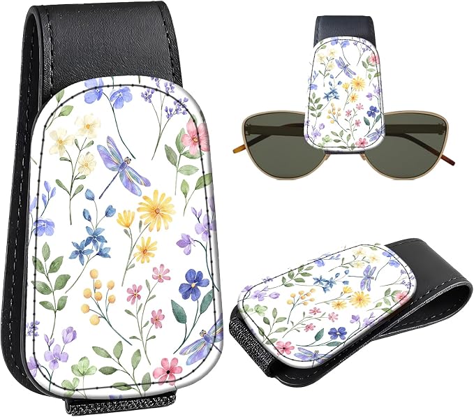 Leather Magnetic Sunglass Holder for Car Sun Visor, Cute Eyeglass Ticket Card Hanger Clip, Universal Auto Interior Accessories for SUV Pickup Truck, Dragonfly Floral by Unknown