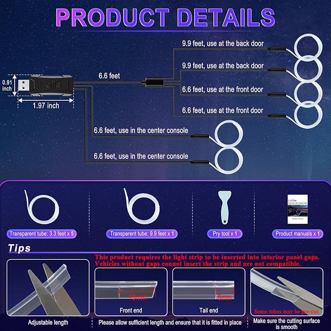 LivTee Smart LED Car Lights Interior with USB Port, LED Strip Fiber Optic Ambient Lighting Car, Wireless App Control, Sync to Music, Car Decorations Interior Accessories Gifts for Women Men, 6 in 1 - Image 4