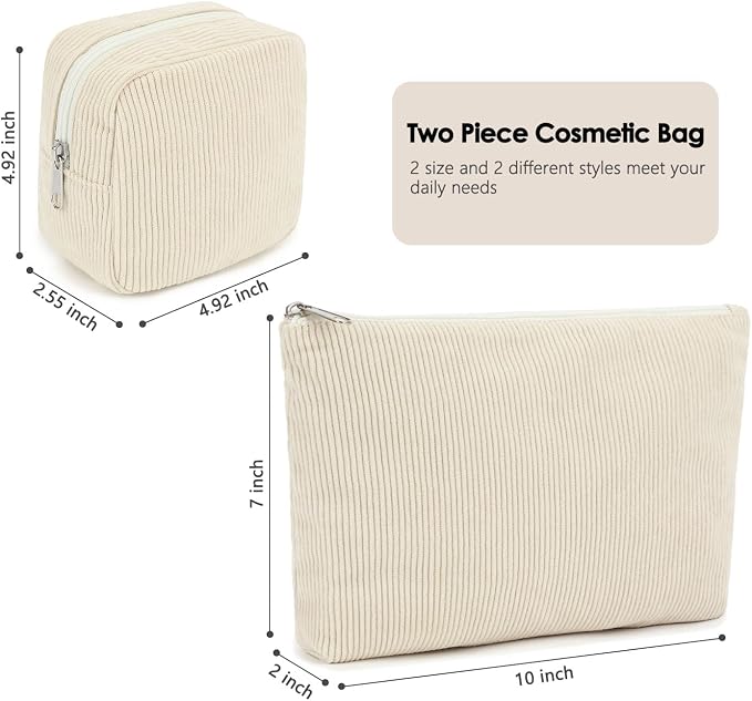 Fammart Corduroy Makeup Bag, Travel Cosmetic Bag Organizer Toiletry Bag Make Up Bags with Zipper & Compartments for Women Girls, 2PCS - Image 4