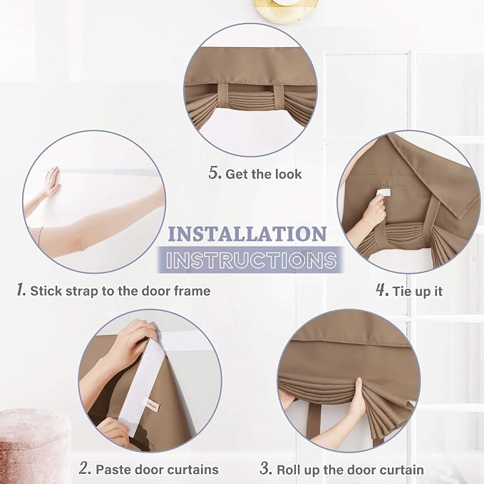 RYB HOME Blackout Door Window Curtains for Kitchen Back/Front Frchen Door | Self Adhesive, Privacy Glass Window Curtain, Half curtains for Windows, Thermal Insulated, W26 x L40, Mocha, 1 Panel - Image 2