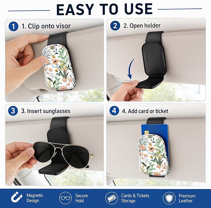Leather Magnetic Sunglass Holder for Car Sun Visor, Cute Eyeglass Ticket Card Hanger Clip, Universal Auto Interior Accessories for SUV Pickup Truck, Wildflower Garden - Image 5