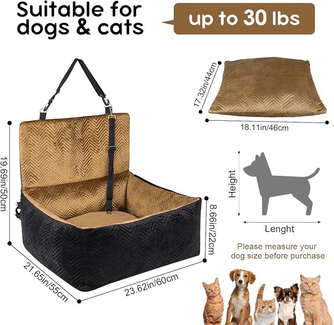 Dog Car Seat for Small Dogs,Medium Dog Car Bed with Detachable Washable Cover,Pet Puppy Booster Cars Seats with Safety Belt Up to 30 lbs(Black V) - Image 3