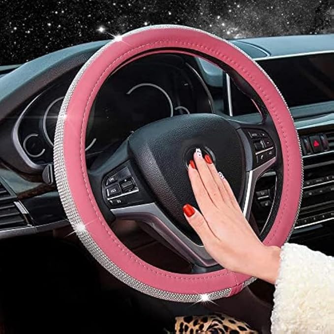 New Diamond Leather Steering Wheel Cover with Bling Crystal Rhinestones | Universal Fit 15 Inch Car Wheel Protector for Women Girls Pink by ChuLian