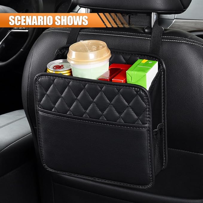 LAINLOY Foldable Car Seat Back Organizer, Large Capacity Hanging Car Backseat Storage Bag with Cup Holders, PU Leather Waterproof Car Trash Bag Can, Car Travel Accessories for Most Vehicles (2) - Image 7