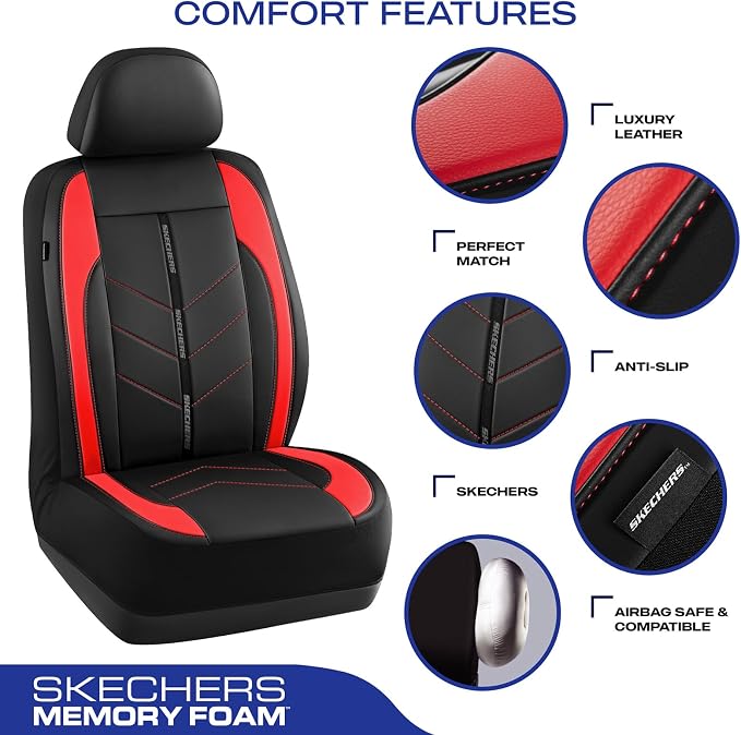Skechers Car Seat Covers,Luxury Faux Leather Seat Covers,Waterproof Anti Slip Car Seat Protector Front Seats,Car Accessories Airbag Universal Fit for Most Cars,Vans,Trucks,SUV,Red - Image 3