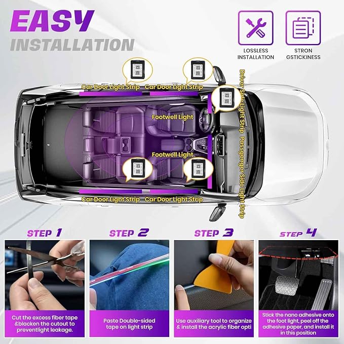 Acrylic Car Interior LED Lights, 18-in-1 RGB Fiber Optic Ambient Kit | 175in 593 LEDs, Wireless APP Control, 16 Million Colors, Music Sync and Sound Active Car Neon Ambient Lighting - Image 7