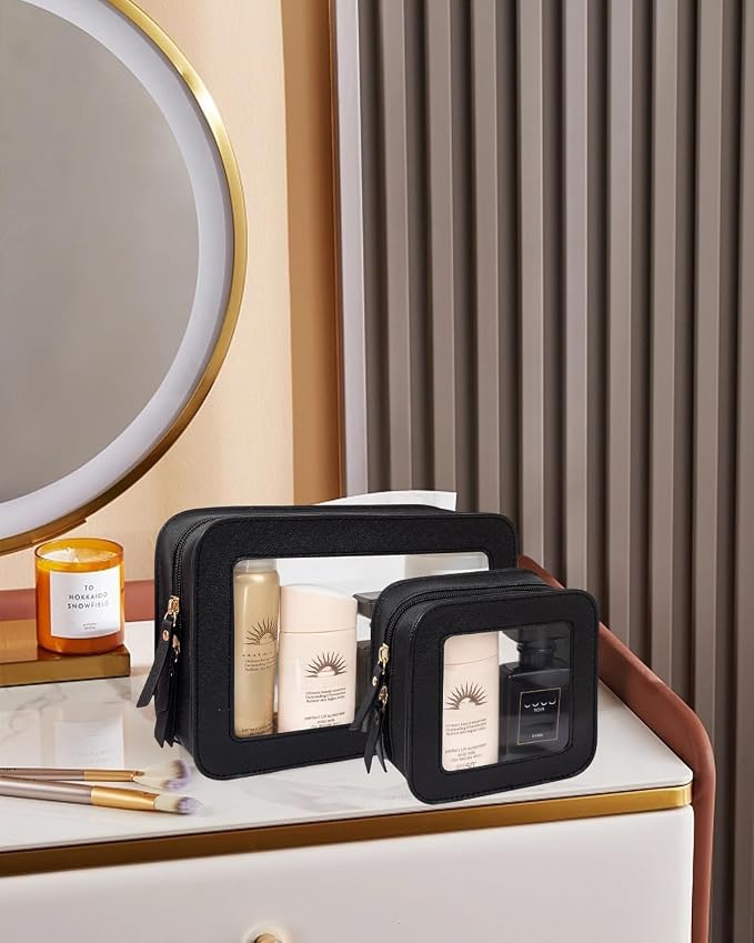 2 Pcs Travel Clear Makeup Bag Set, Clear Black Makeup Organizer with Zipper Leather Travel Bags for Toiletries Small Cosmetic Bags for Women Mini Make up Pouch Toiletry Bags Car Essentials - Image 2