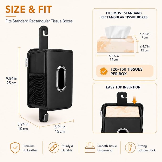 Witaxima Multifunction Leather Car Tissue Holder with Headrest Hook 1 Pack | Car Small Trash Can & Seat Back Organizer PU Leather kleenex holder for 120-150 Tissues Keep Car Tidy, Black - Image 5