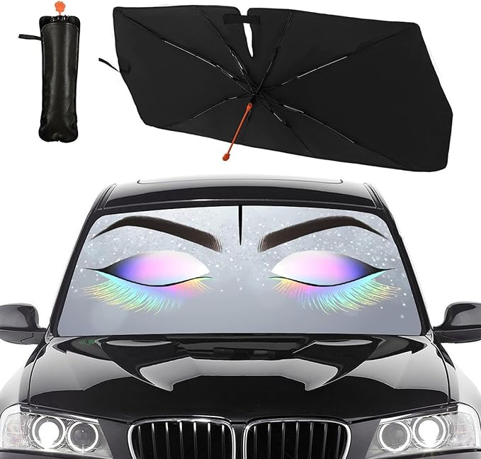 Eyelashes Car Windshield Sun Shade Umbrella with Bendable Handle Funny Eyes Eyelash Sunshade for Car Front Window Block UV Rays Foldable Sun Visor for Most Cars Trucks SUV 57"x30" by DOPINDU