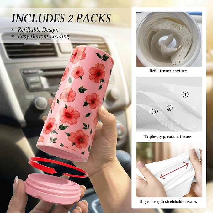 Car Tissues Cylinder for Cup Holder - Refillable Round Tissues Canister with 2 Packs Tissue - Cute Tropical Floral Car Interior Accessories for Women & Men - Hawaiian Style Cars Decor (Pink Hibiscus) - Image 5