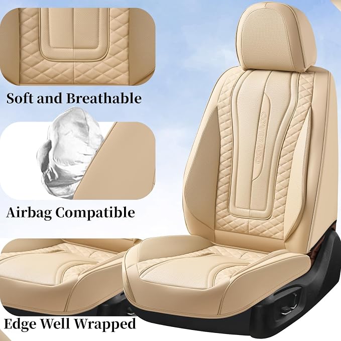 Coverado Car Seat Covers Full Set, Leather Seat Coversfor Cars, Front and Back Seat Covers, Waterproof Car Seat Protectors Car Seat Cushions Universal for Most Vehicles, Beige - Image 2