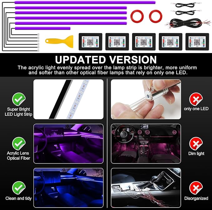Acrylic Interior Car LED Strip Light with Wireless APP, Car Accessories 6 in 1 with 175 inches 593 LEDs Fiber Optic Ambient Lighting Kits, RGB Dynamic Music Sync Neon LED Strip Light for Car - Image 5