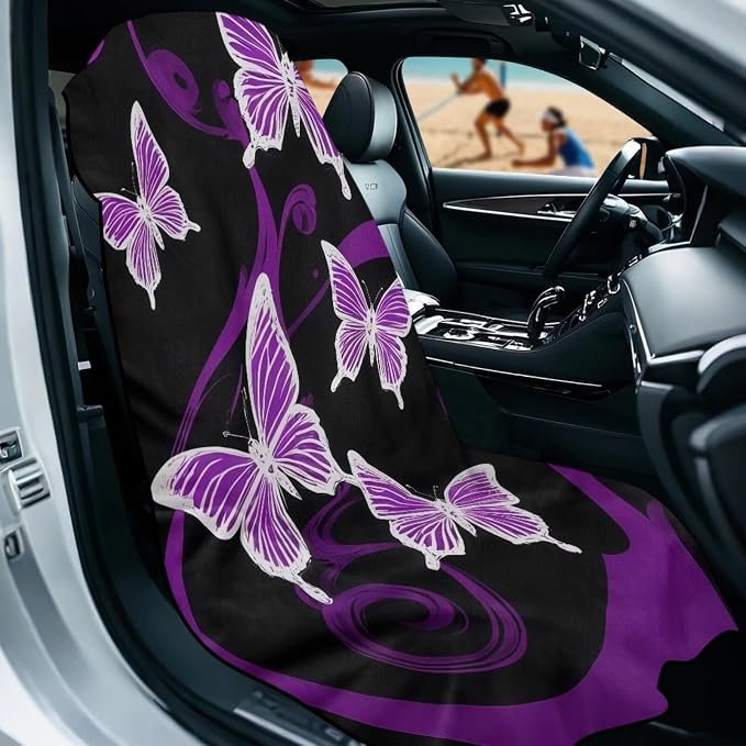 Purple Butterfly Car Seat Towel for Front Seat Only with Storage Bag Neon Butterfly Car Interior Accessories for Women Sweat Auto Interior Seat Protector Yoga Running Swimming Hiking Towels - Image 2