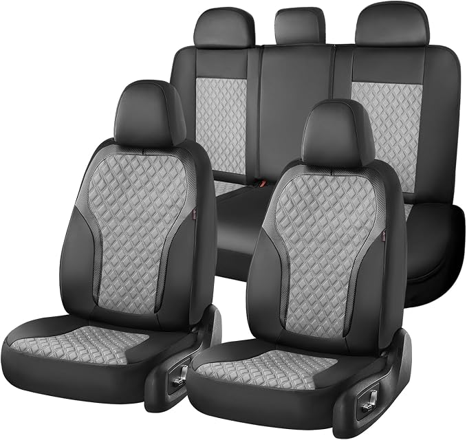 Coverado Car Seat Covers 5 Seats, Leather Seat Covers Full Set, Carbon Fiber Textured Design, Durable Waterproof Seat Protectors, Black&Gray Seat Cover, Automotive Seat Covers Universal Fit Most Cars by COVERADOAUTO