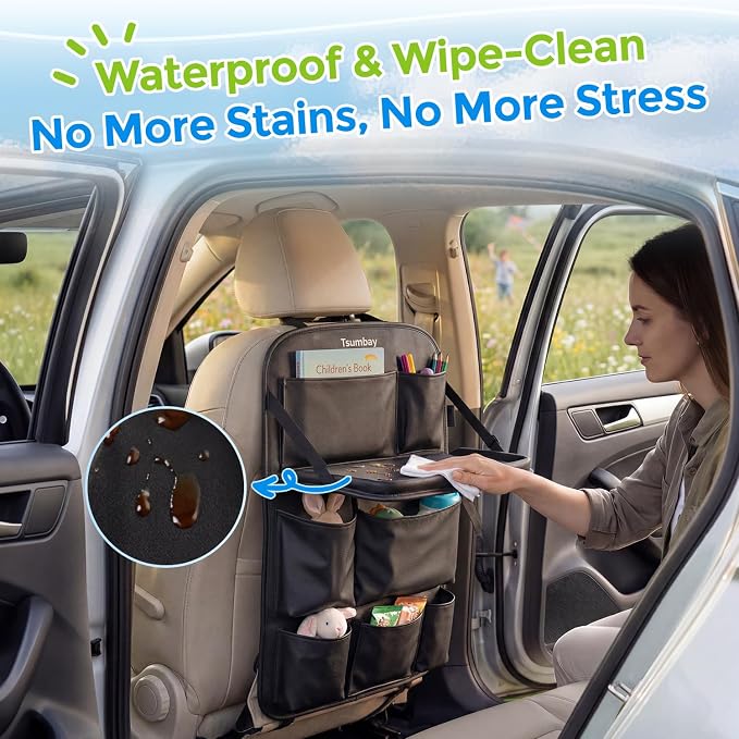Tsumbay Car Backseat Organizer with Tablet Holder,9 Storage Pockets Foldable Table Tray Seat Back Protectors Kick Mats -PU Leather 1Pck - Image 5