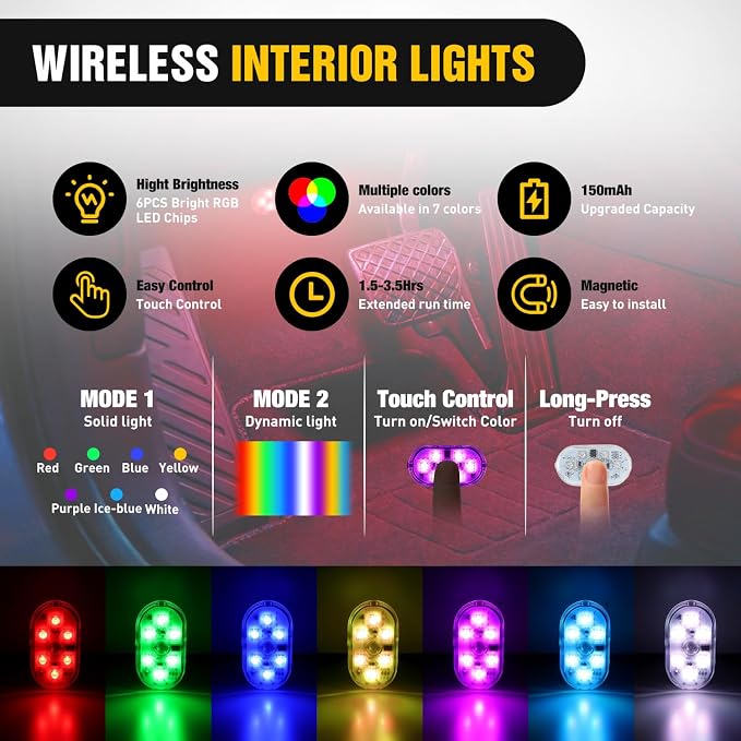 Nilight 4 PCS 7 Colors Wireless Magnetic RGB LED Interior Lights | USB Rechargeable Universal Mini Sticky Footwell Ambient Atmosphere Reading Lamp with Touch Sensor, Portable Night Lighting - Image 3
