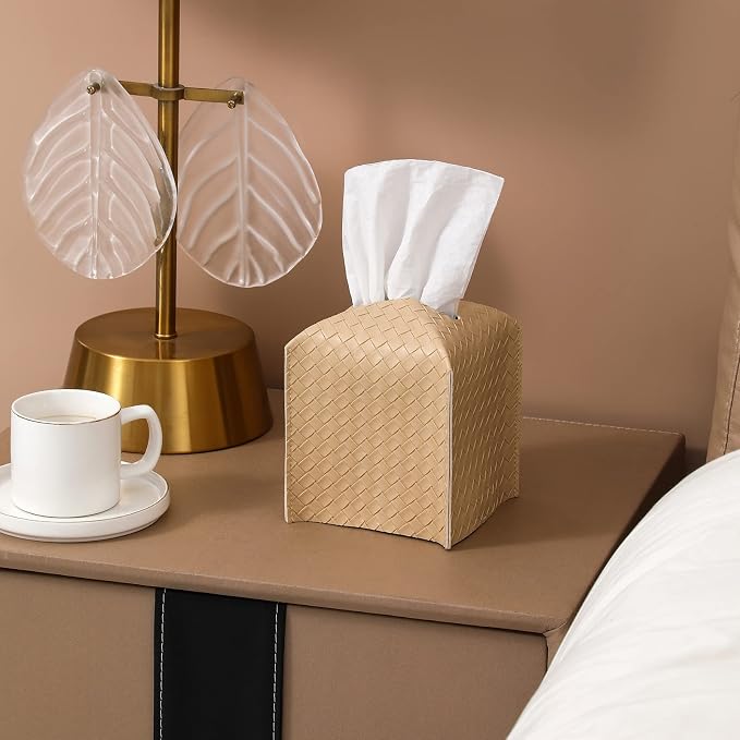 Tissue Box Cover PU Leather Tissue Holder Square Facial Tissue Case Facial Paper Organizer Dispenser for Bathroom, Vanity Countertop, Tabletop, Car, Rice Apricot | PU Leather，Easy to Fill, Easy Clean, Decorative Cube Tissue Box Holder for Office, Bathr... - Image 3