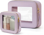 Clear Makeup Bag with Zipper, Set of 2, Mini and Medium, Purple | Clear Travel Bags for Toiletries, Structured Cosmetic Case for Women, Waterproof PU Leather, Wide Open Portable Car Organier by POPVIBE