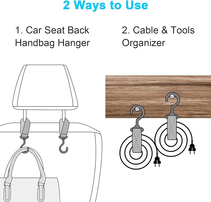 Wisdompro 4 Pack Car Seat Headrest Hook, Multi-Purpose Hanger for Stroller | Adjustable & 360° Rotating, Large to Hang Grocery Bag, Garment Bag, Handbag, Purse, Coat, Clothes, Traveling, Sports, Black - Image 4