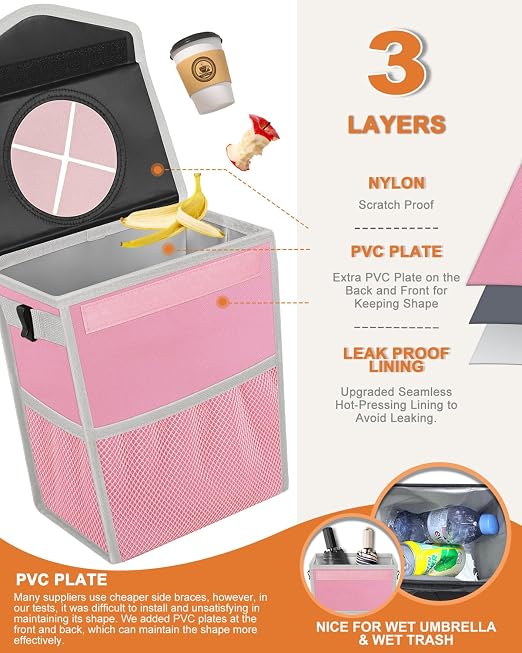 Pritent Car Trash Can with Lid Leakproof Car Garbage Bag Vehicle Trash Bin | Hanging Automotive Garbage Can,Multipurpose Car Accessories for Women Men Interior Car Storage Organizer(2.8 Gal,Pink) - Image 3