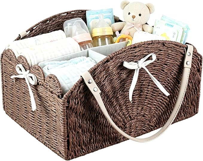 Diaper Caddy Foldable Collapsible Storage Basket Textured Woven Nursery Organizer with Removable Divider Portable for Changing Table Car Travel Baby Registry Essentials (Brown) by ZFTVNIE