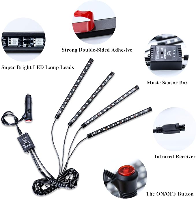 LivTee Car Led Interior Lights，4pcs 48 LED Multicolor Music Car Interior Accessories Under Dash Lighting Waterproof Kit with Sound Active Function and Wireless Remote Control, Car Charger Included - Image 2